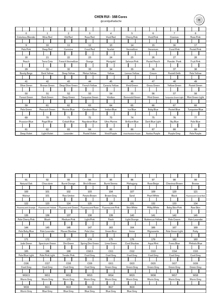 Chen Rui 168 Color Swatch Chart | PDF | Color | Rainbow
