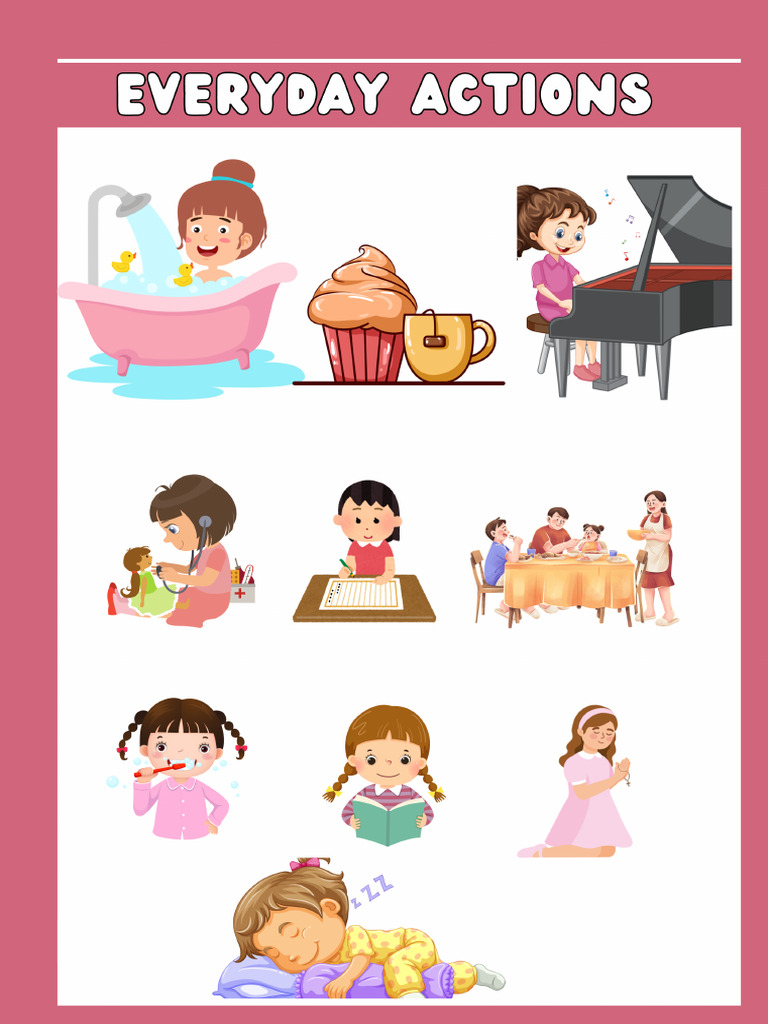 Daily routine picture dictionary worksheet in pink cute style (2) | PDF