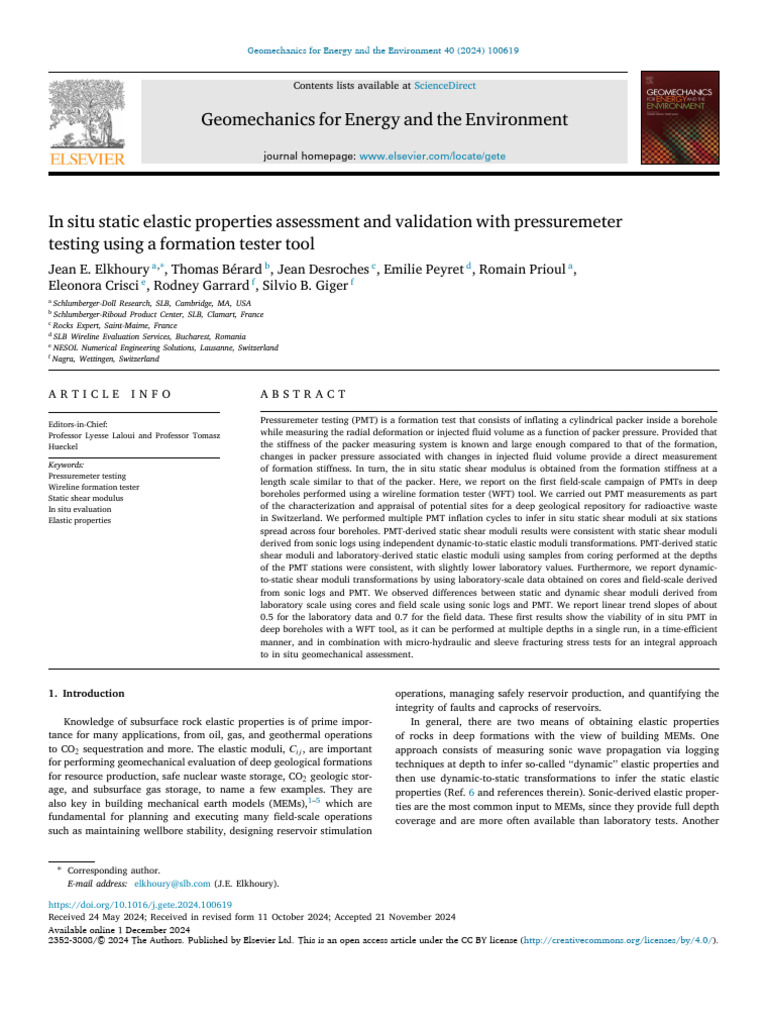 In Situ Static Elastic Properties Assessment and Validation With ...