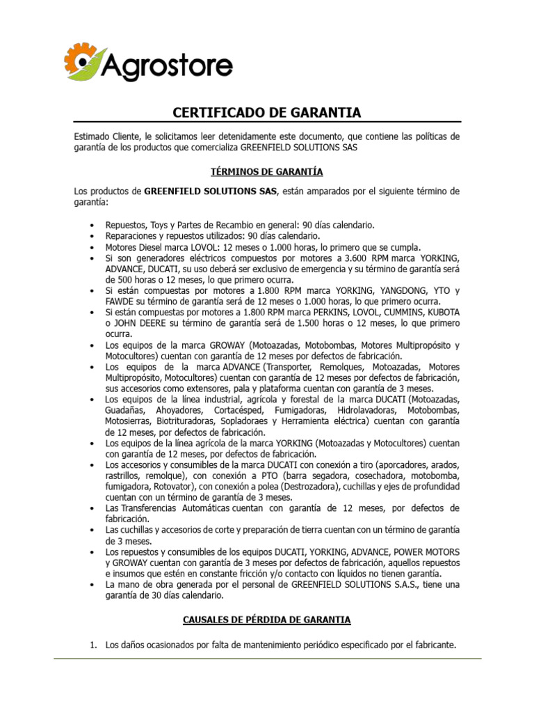 Certificado de Garantía Greenfield Solutions | PDF
