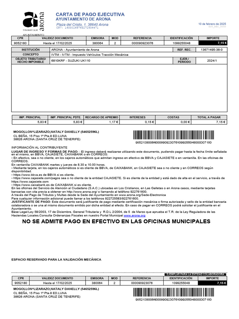 Carta de Pago IVTM Ayuntamiento Arona | PDF