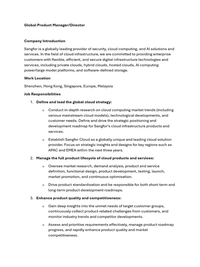 Global Cloud Product Manager Role | PDF | Cloud Computing | Computing
