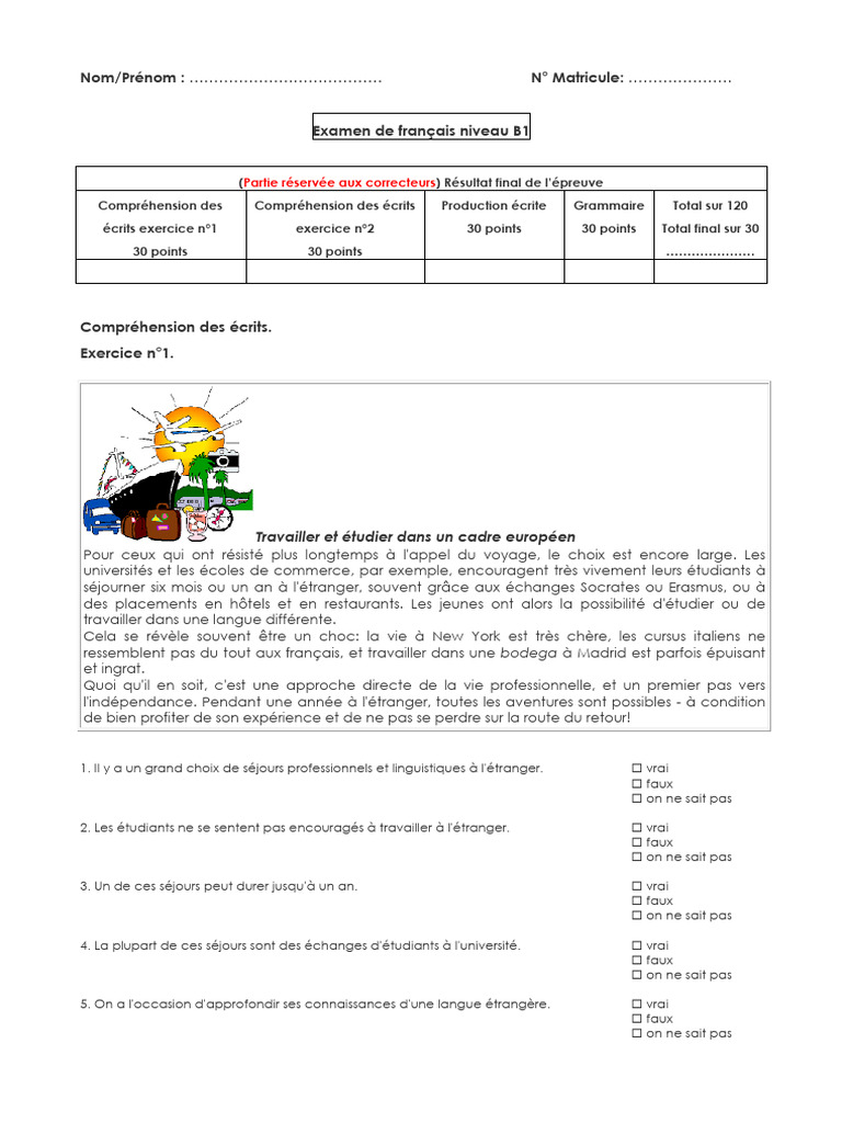 Examen de français B1 : Compréhension écrite | PDF | Phrase | Lexique