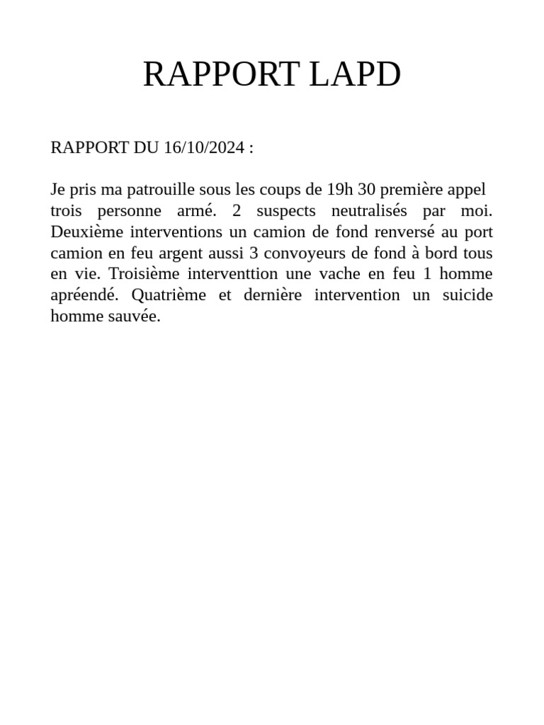 Rapport d'interventions LAPD 16/10/2024 | PDF
