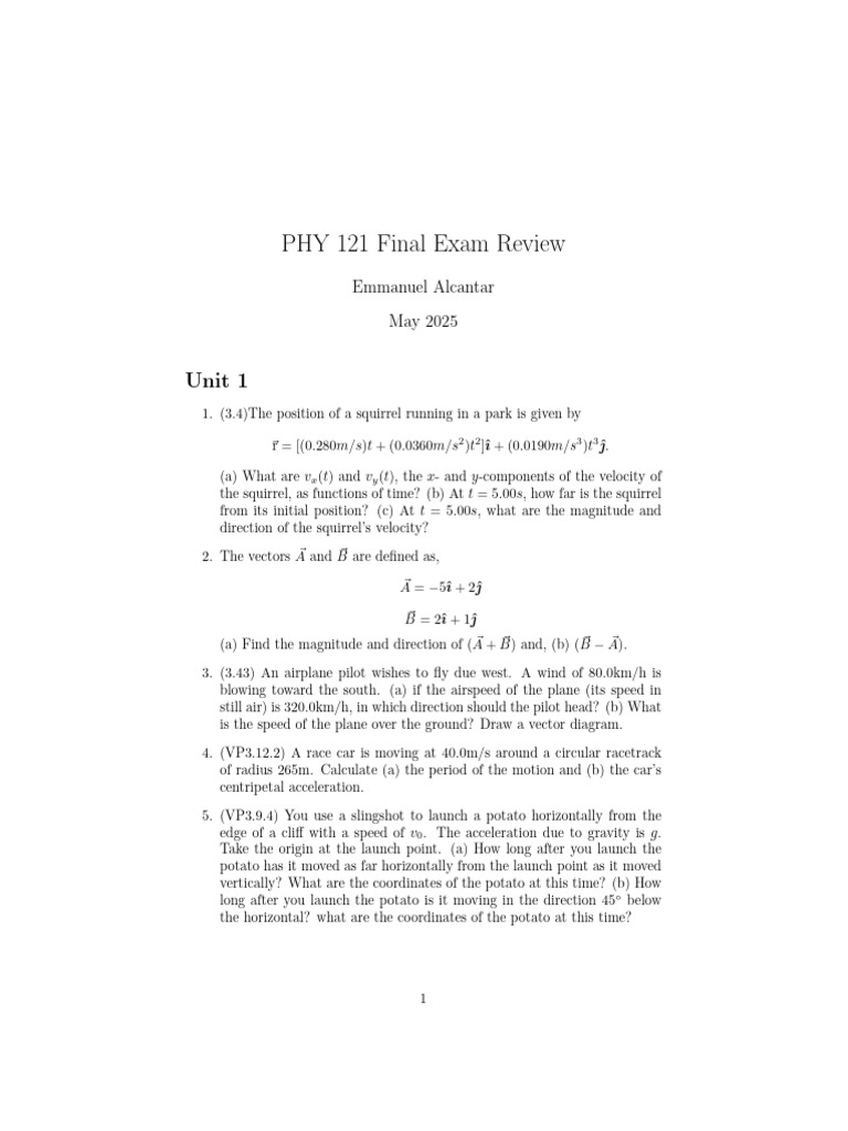 PHY 121 Final Exam Review Guide | PDF | Metrology | Mechanics