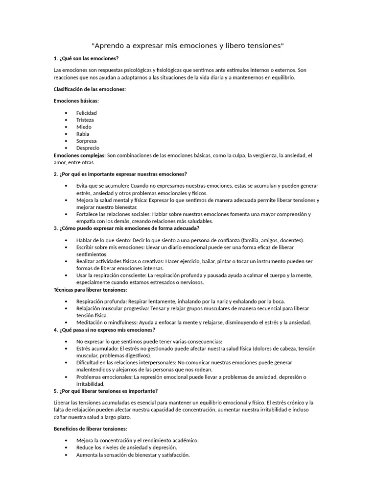 FICHA Aprendo A Expresar Mis Emociones y Libero Tensiones | PDF | Las ...