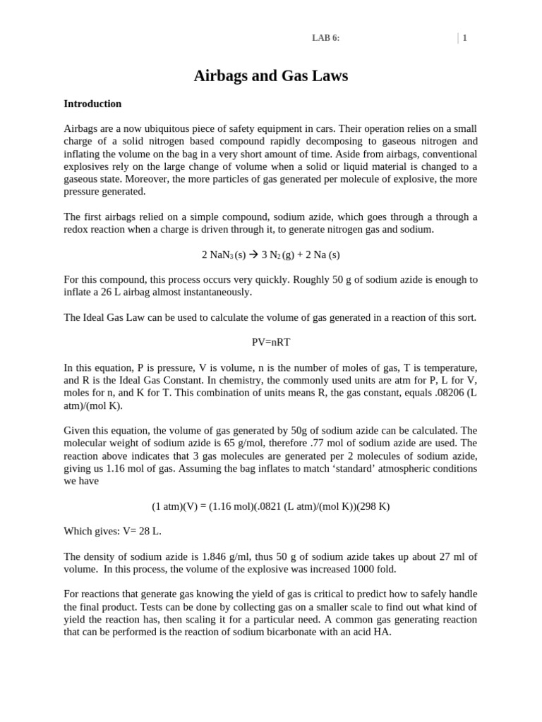 Airbag Gas Production Lab Experiment | PDF | Gases | Acid