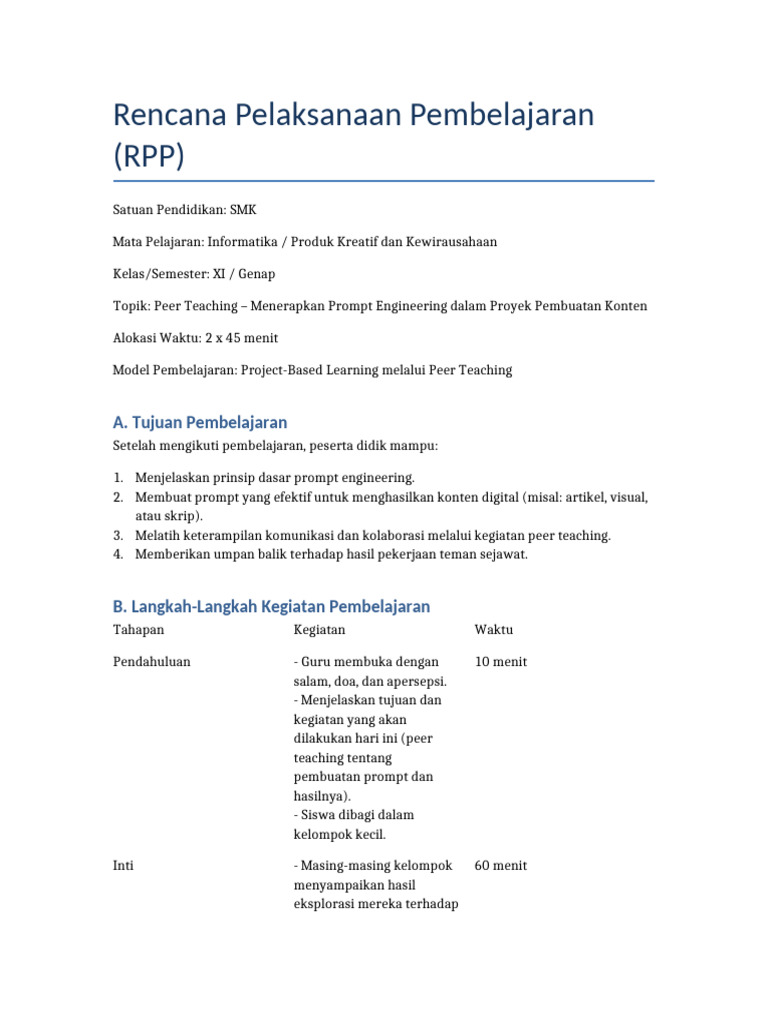 RPP Peer Teaching Prompt Engineering | PDF