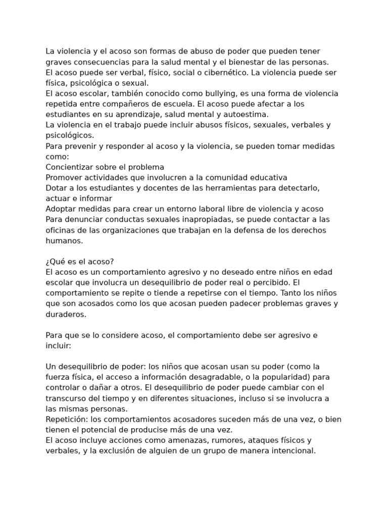 La violencia y el acoso son formas de abuso de poder que pueden tener ...