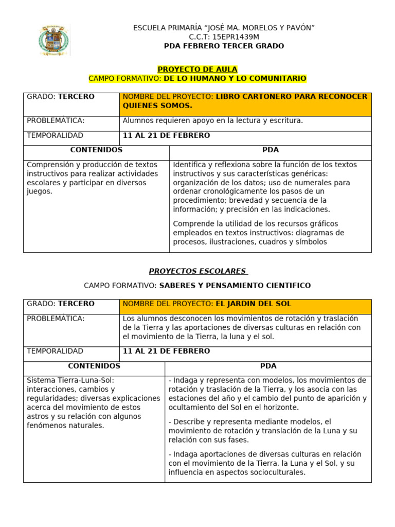 PDA Tercer Grado Primaria Febrero | PDF | Información