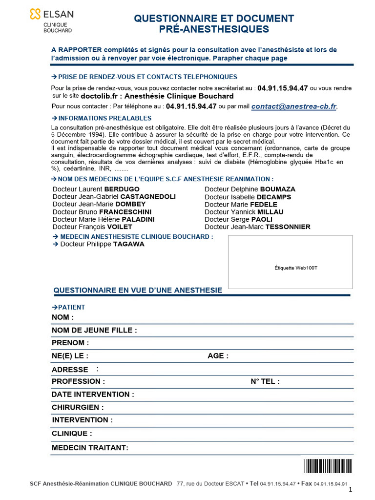 Questionnaire pré-anesthésie Doctolib | PDF | Anesthésie | Spécialités ...