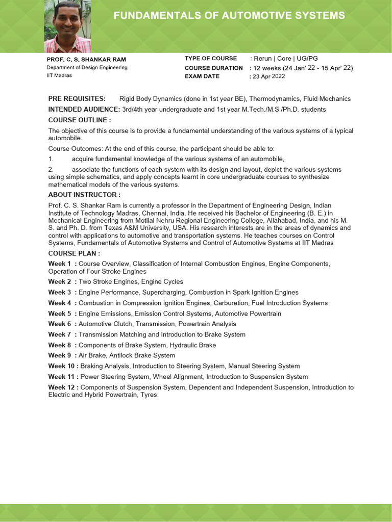 Fundamentals Of Automotive Systems Syllabus Online Study Pdf
