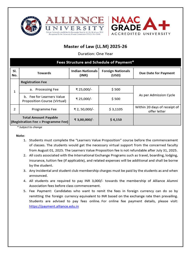 LL.M Fees Structure 2025-26 | PDF