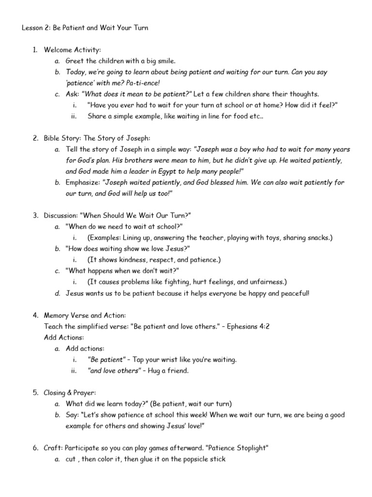 Patience Lesson for Sunday School Kids | PDF