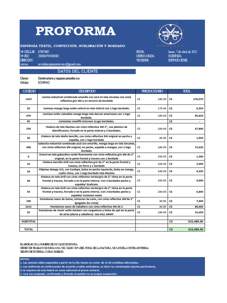 Proforma de Uniformes Espinoza Textil | PDF | Moda | Ropa