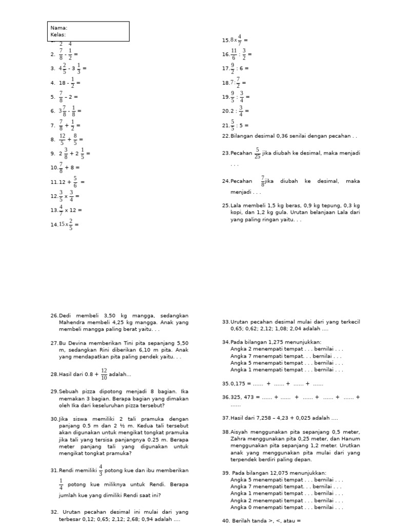 Soal Pecahan dan Desimal Kelas 6 | PDF