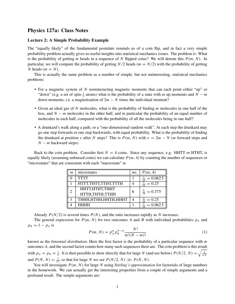 Physics 127a: Class Notes: Lecture 2: A Simple Probability Example ...