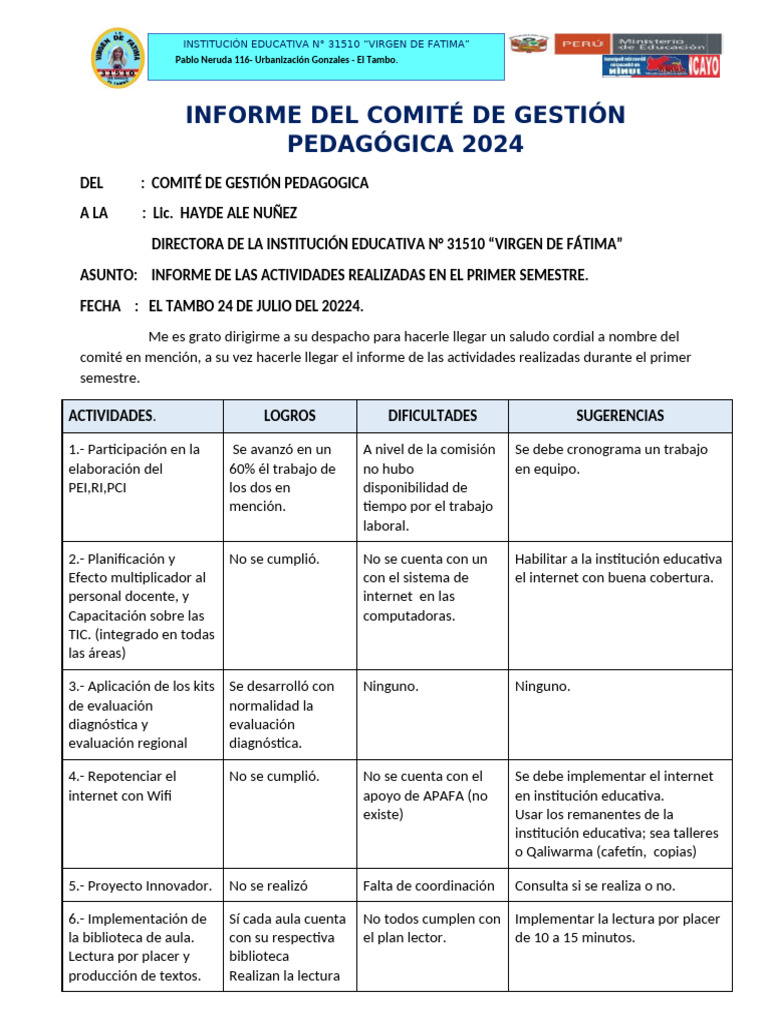 Informe Semestral de Actividades 2024 | PDF