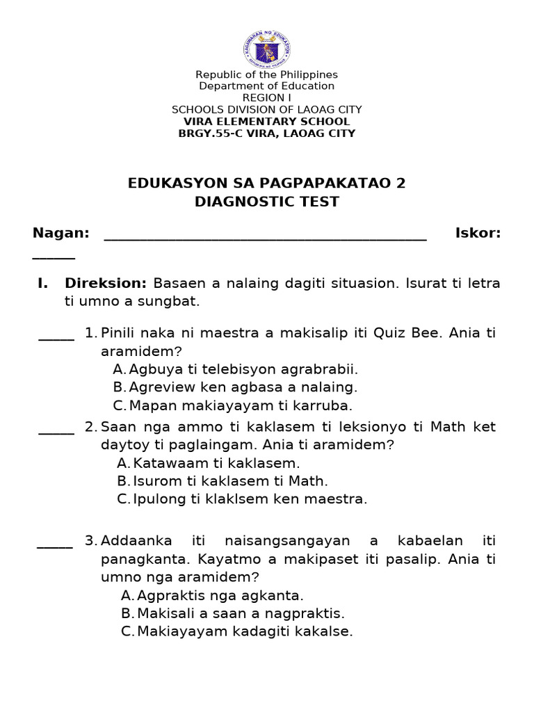 ESP 2 Diagnostic Test 23 24 | PDF