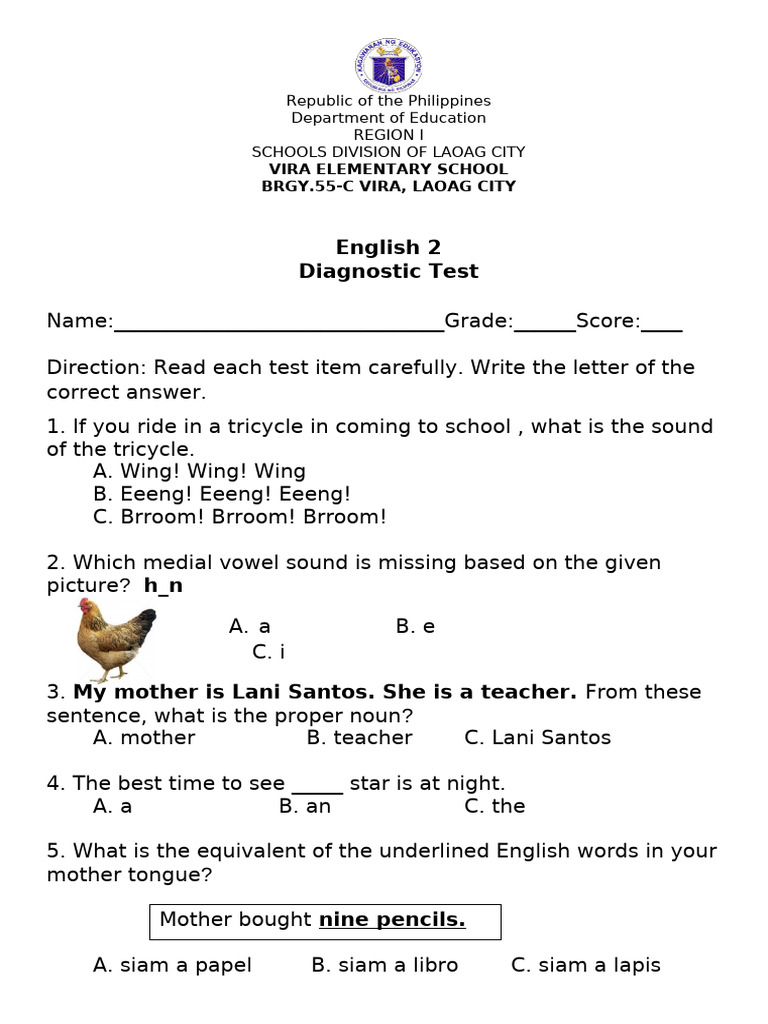 English Diagnostic Test 23 24 | PDF