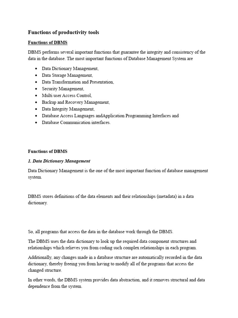 Key Functions of Database Management Systems | PDF | Databases ...