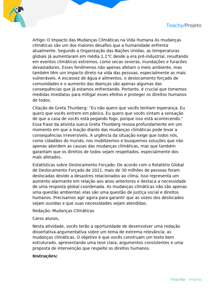 Redação sobre Mudanças Climáticas | PDF | Aquecimento global e mudança ...