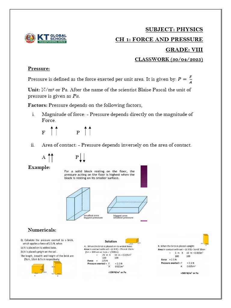 Force and Pressure CW & HW | PDF | Pressure | Force
