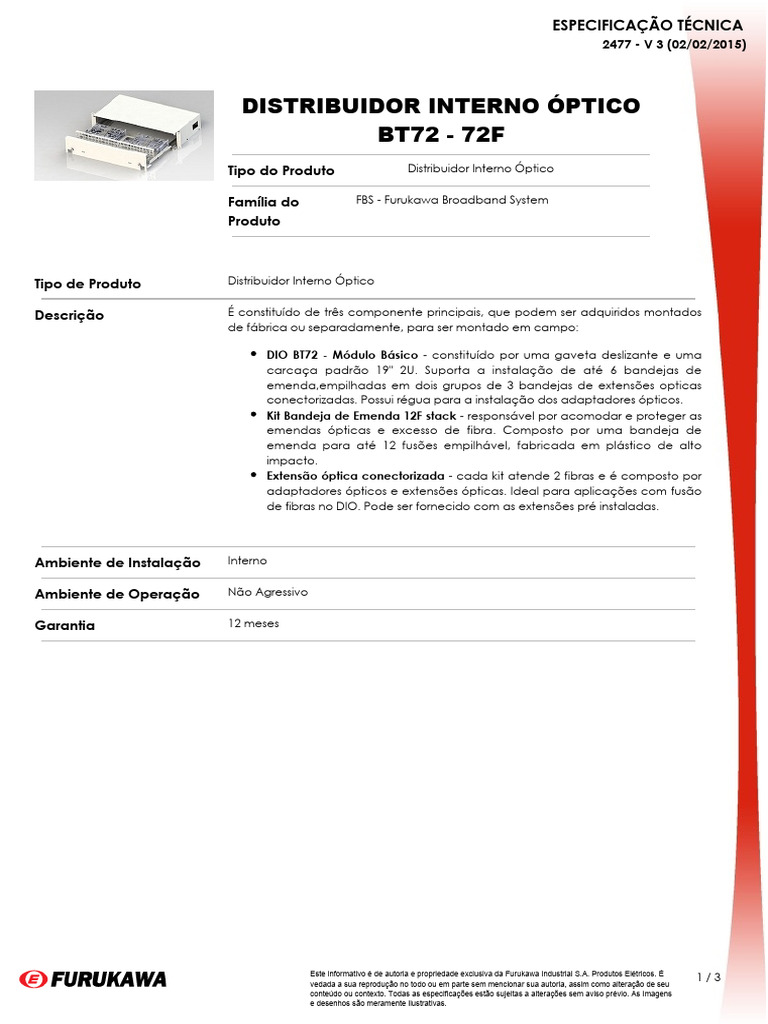 Distribuidor Interno Óptico BT72 72F | PDF | Conector elétrico