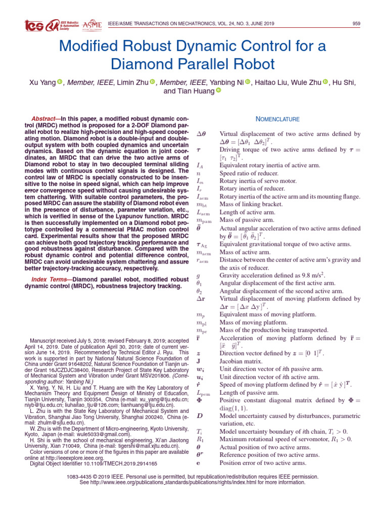 Modified robust dynamic tracking control for a diamond parallel robot ...