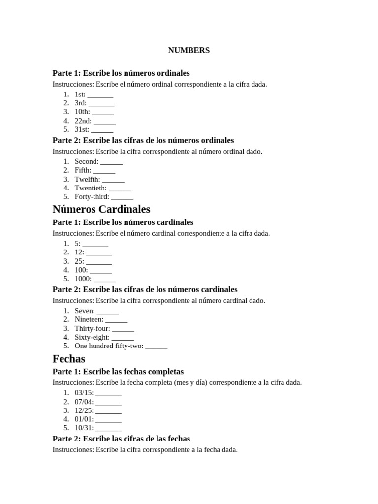 Ejercicios de Números Ordinales y Cardinales | PDF