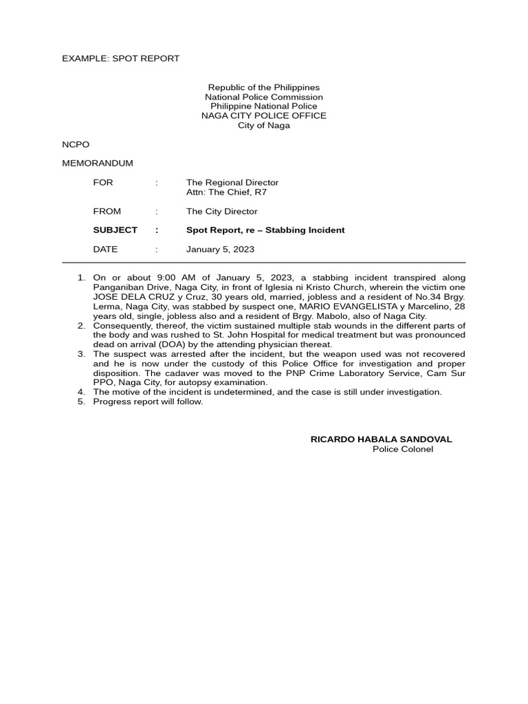 Naga City Stabbing Incident Report | PDF