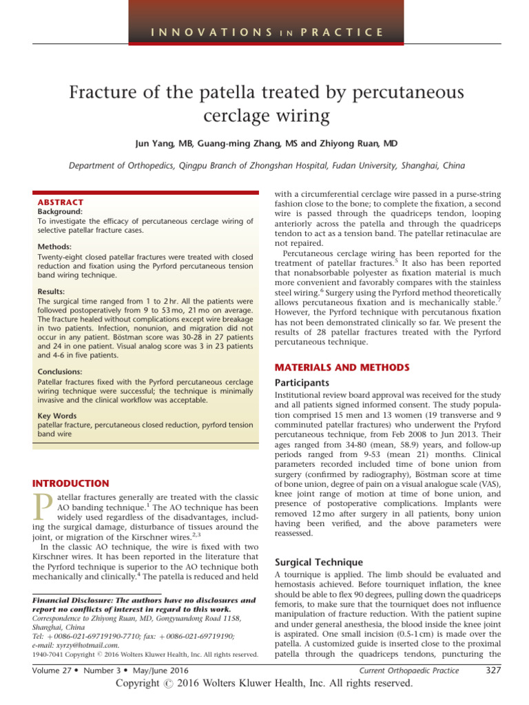 2016 27 3 Fracture of The Patella Treated by Percutaneous | PDF | Knee ...