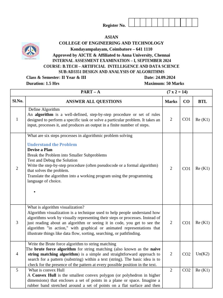 Algorithm Design and Analysis Exam | PDF | Algorithms | Mathematical ...