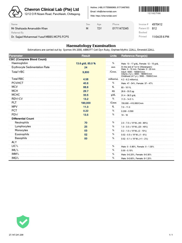 Chevron Clinical Lab Test Report | PDF | White Blood Cell | Clinical ...