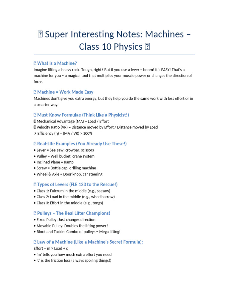 Machines Interesting Notes Class10 | PDF