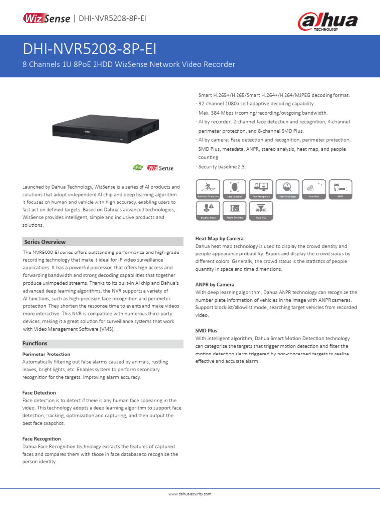 Dahua NVR5208-8P-EI Specifications | PDF | Internet Protocols | Hdmi