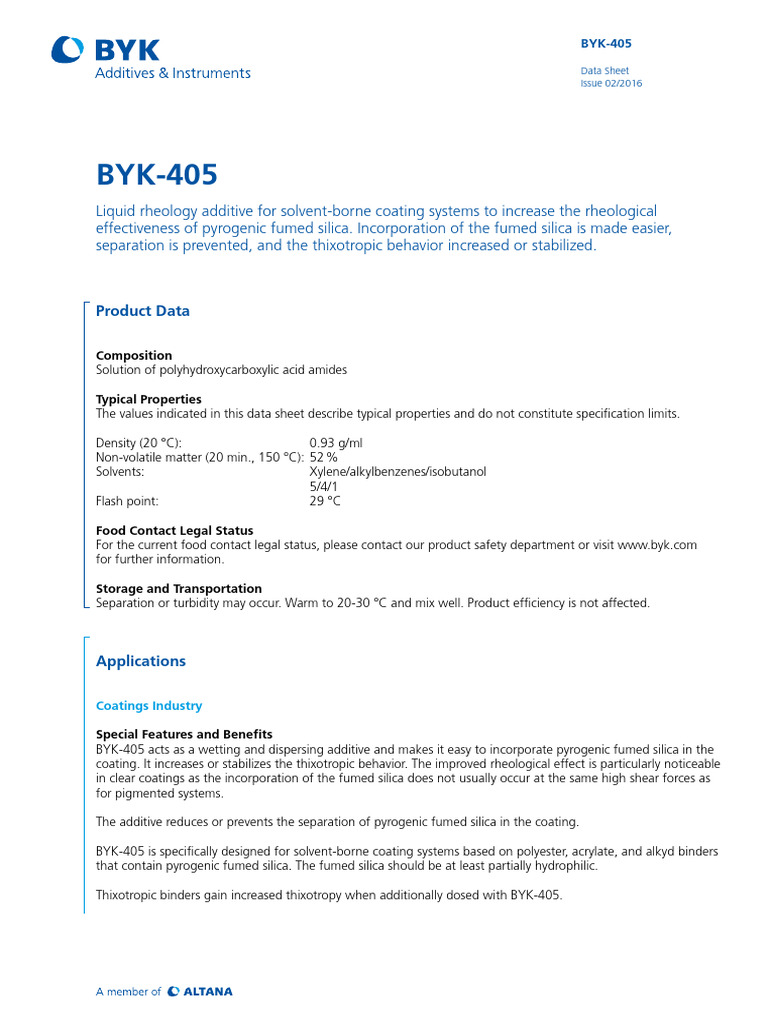 BYK-405 Rheology Additive Data Sheet | PDF | Silicon Dioxide | Rheology