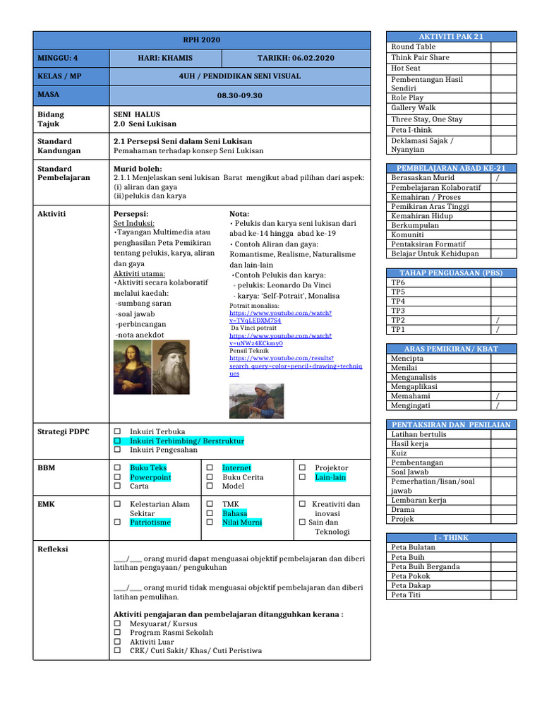 RPH Pendidikan Seni Visual 4UH | PDF