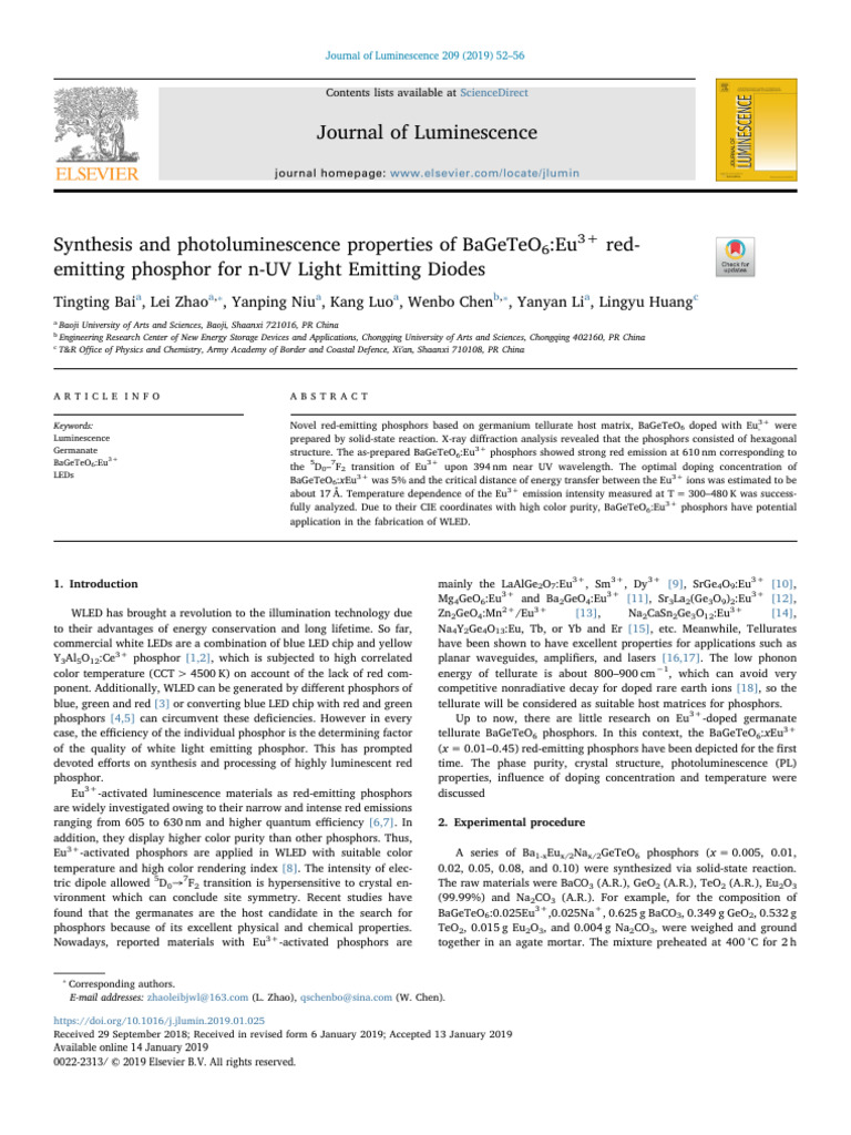 Synthesis and Photoluminescence Properties of BaGeTeO6 - Eu3+ Red ...