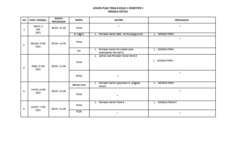 Lesson Plan Tema 8 Kelas 1 Semester 2 Minggu Ketiga | PDF