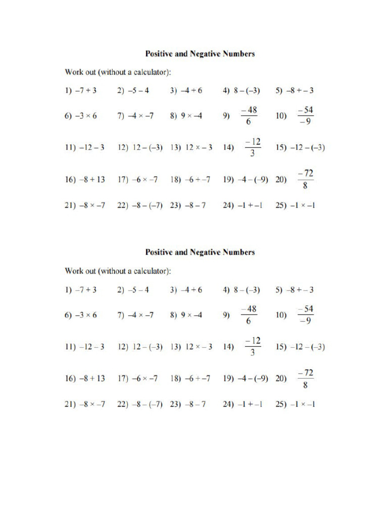Maths For Postive and Negtive Exercise | PDF