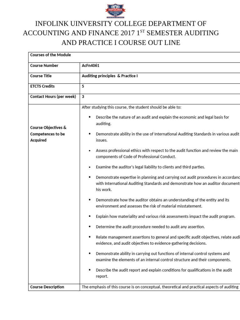 Auditing Principles & Practice I Course Outline | PDF | Audit ...