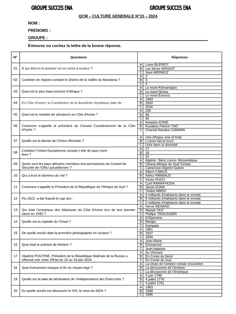 QCM Culture Générale 2024 N°33 | PDF