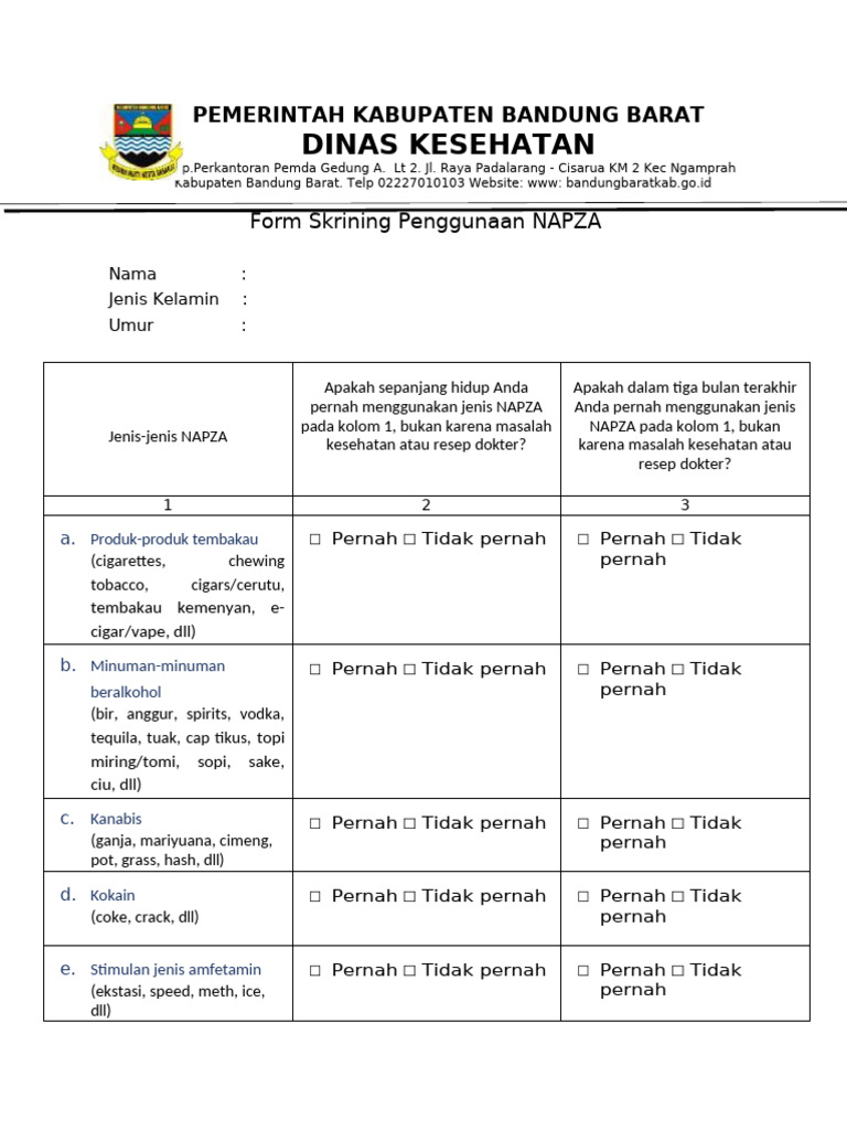 Formulir Skrining Penggunaan NAPZA | PDF