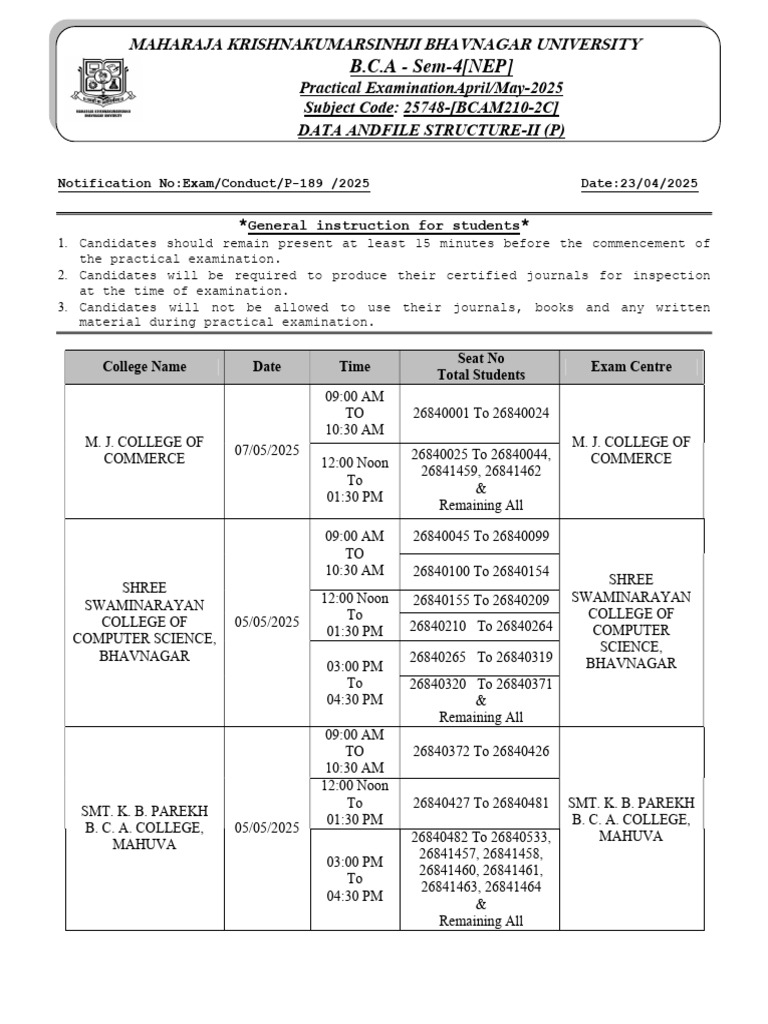 P-189 BCA SEM-4 NEP PRACTICAL EXAM TIME TABLE APRIL MAY 2025 SUB CODE ...