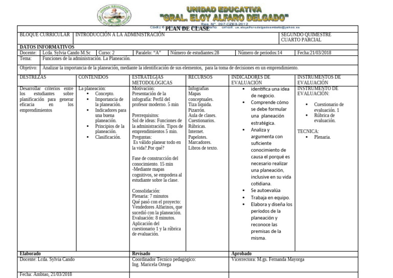 PLAN DE CLASE Formato | PDF | Planificación | Ciencia cognitiva