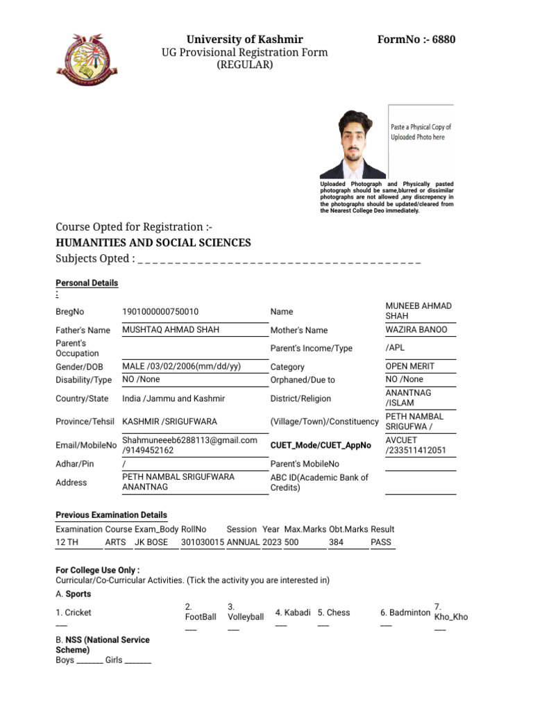 Egov - Uok.edu - in Collegeadm AdmDetails PrintForm UGBRN - Aspx | PDF
