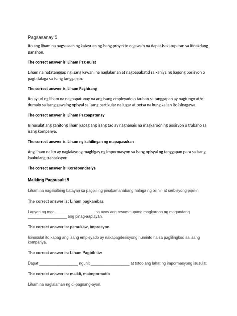 Pagsasanay 9-10 Maikling Pagsusulit 9-10 | PDF