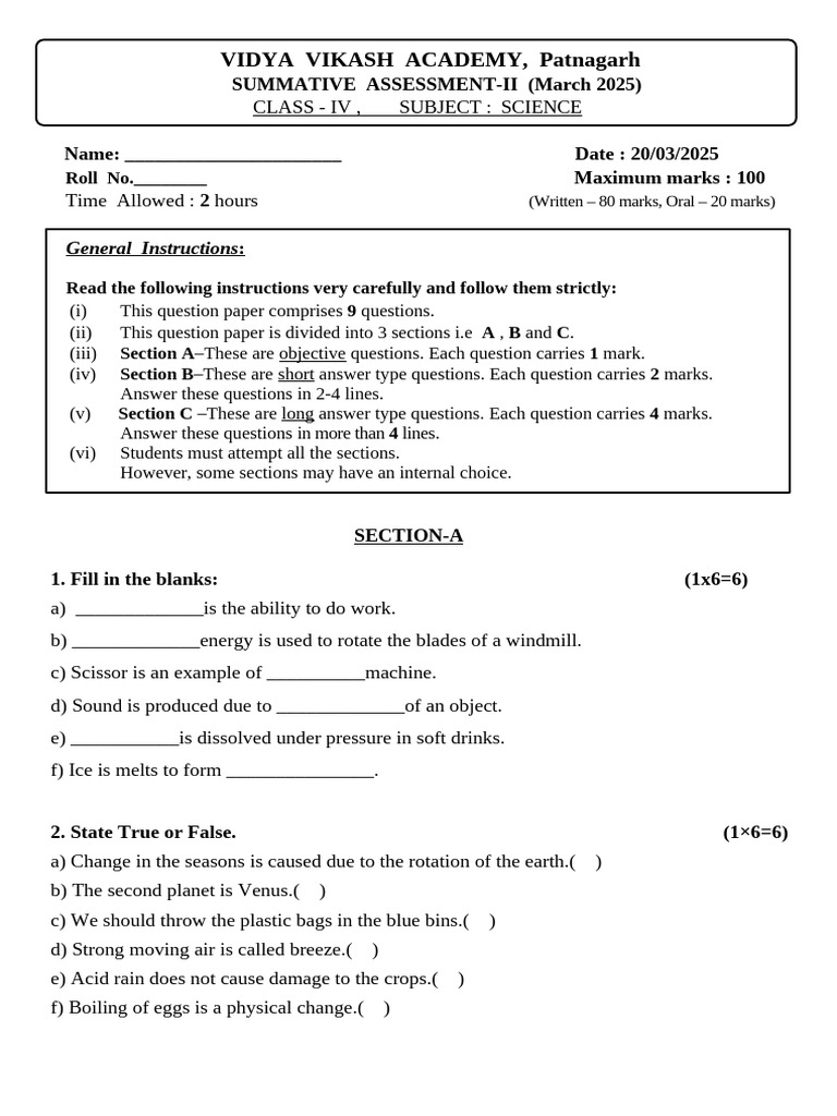Class 1 Science Assessment March 2025 | PDF | Force | Water
