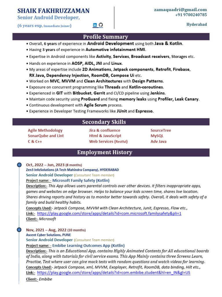 Senior Android Developer Profile | PDF | Android (Operating System ...